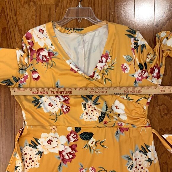 Size extra large faux-wrap mustard with red white and green floral detail NWOT - Picture 8 of 8